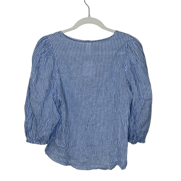 H & M Linen Blend Premium Selection Blue Striped Puff Sleeve Blouse NWT S - Picture 4 of 11